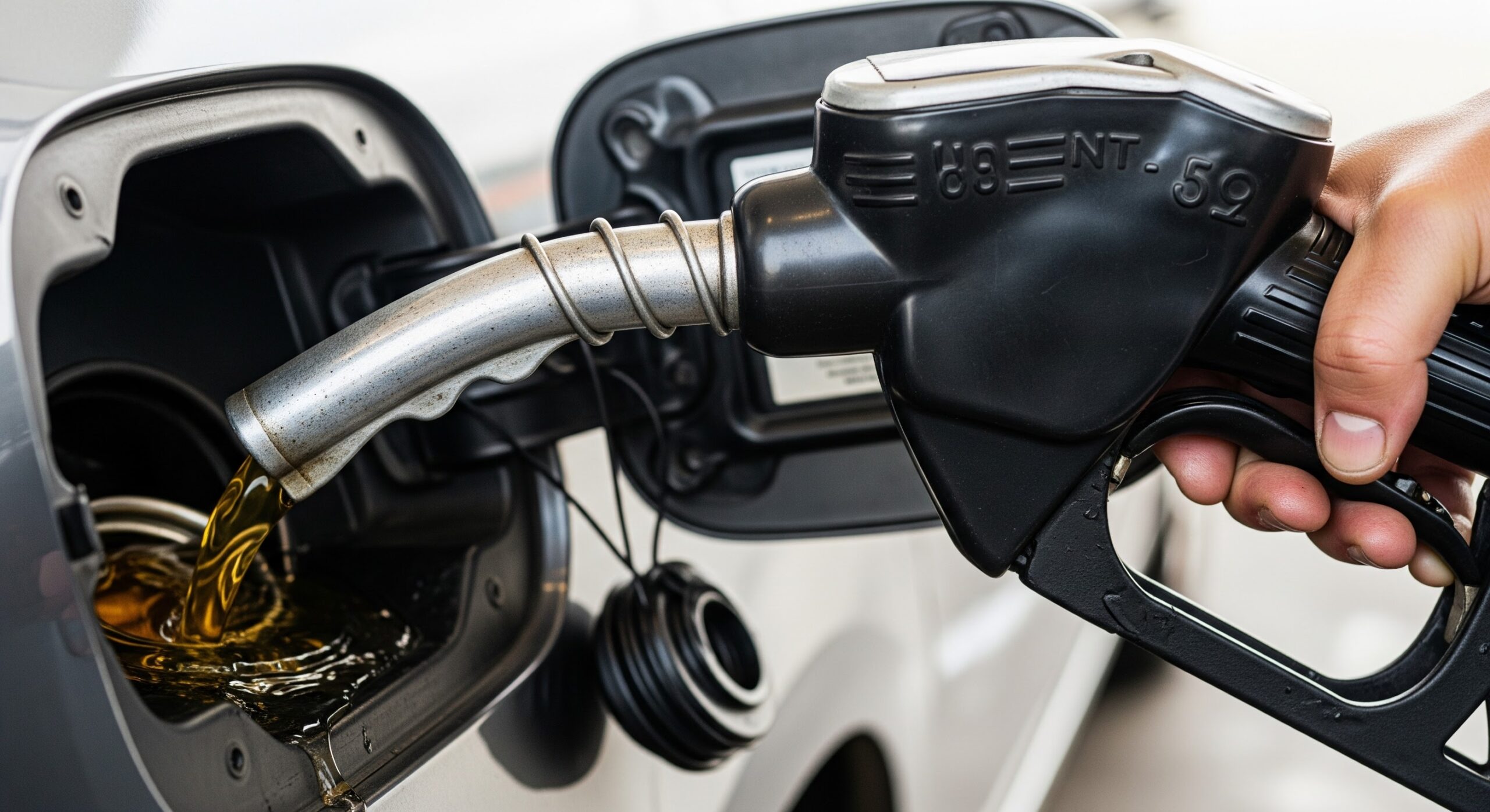 Imagem de uma pessoa abastecendo um carro com combustível, destacando o processo de reabastecimento e o bujão do posto de gasolina.