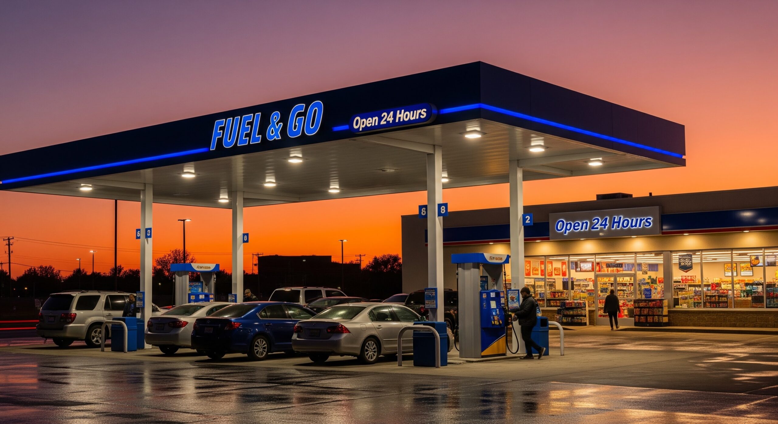 Posto de abastecimento Fuel & Go aberto 24 horas ao entardecer, com várias pessoas abastecendo seus carros.