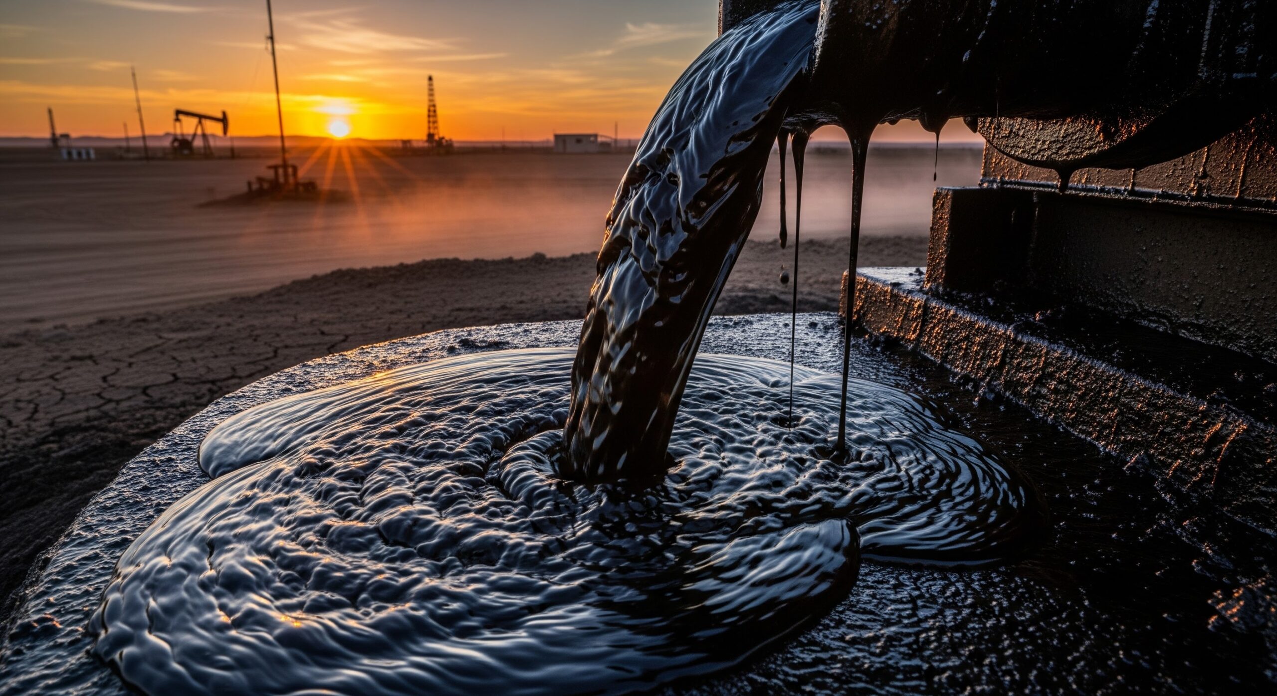 Imagem de uma refinaria de petróleo ao entardecer, com fluxo de petróleo sendo descarregado em uma instalação industrial, criando uma cena industrial ao pôr do sol.