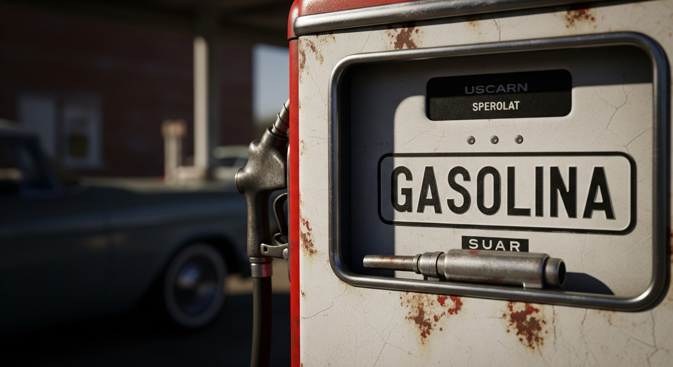 Imagem antiga de um posto de gasolina com bomba de gasolina e o sinal 'Gasolina' em destaque, em um ambiente ao ar livre com veículos ao fundo.